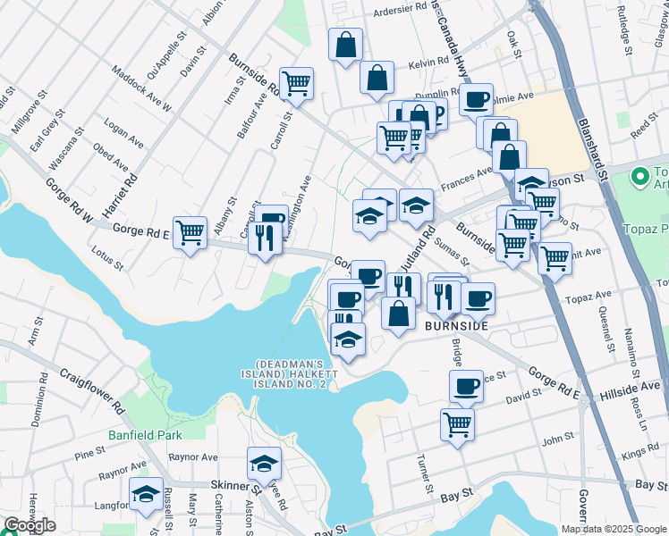 map of restaurants, bars, coffee shops, grocery stores, and more near 301 Gorge Road East in Victoria