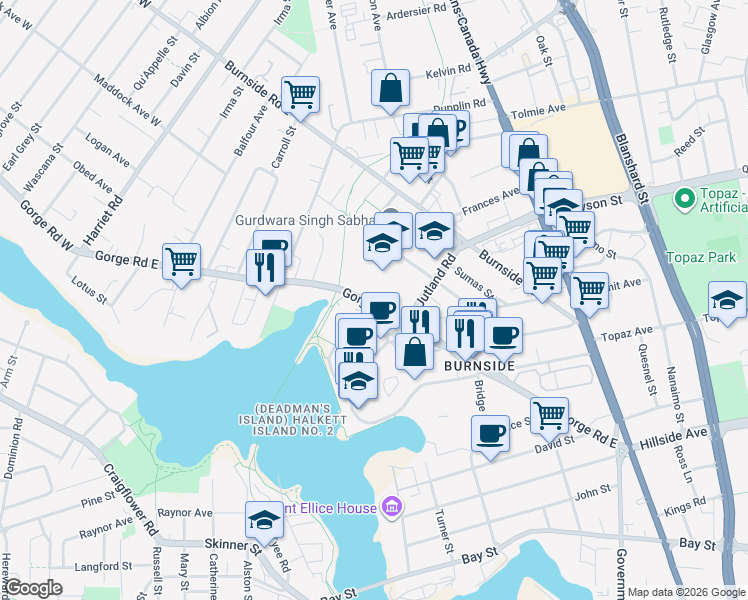 map of restaurants, bars, coffee shops, grocery stores, and more near 102 Gorge Road East in Victoria