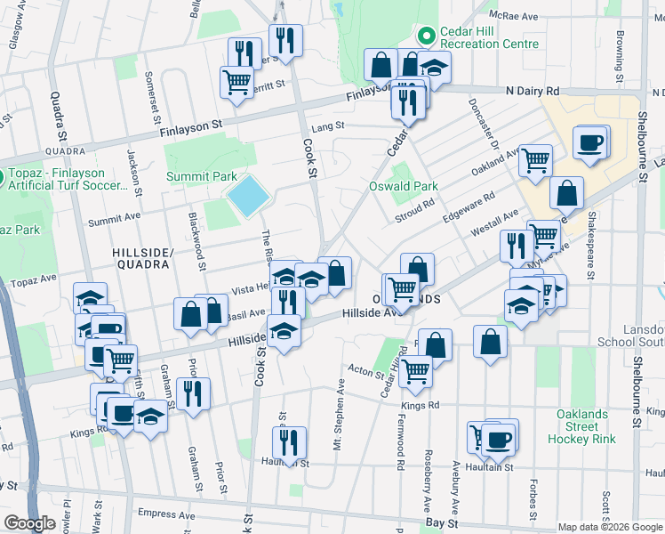 map of restaurants, bars, coffee shops, grocery stores, and more near 1360 Vista Heights in Victoria