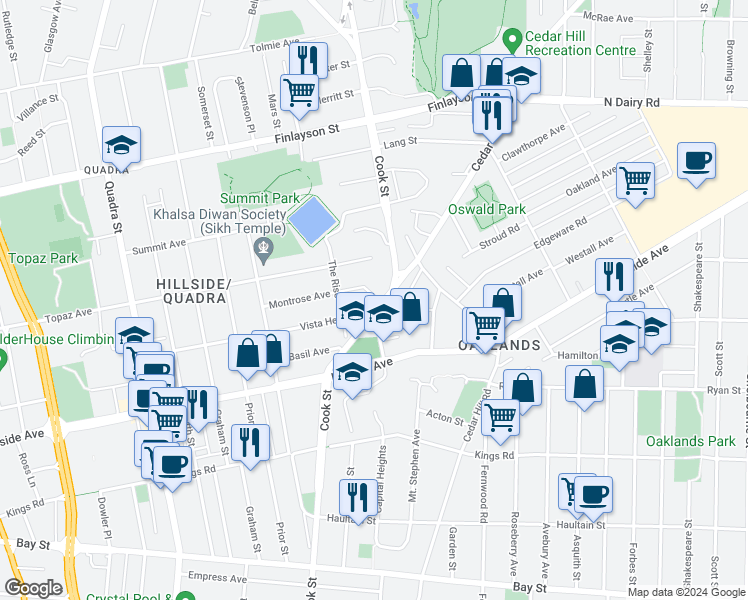 map of restaurants, bars, coffee shops, grocery stores, and more near 2804 Cook Street in Victoria