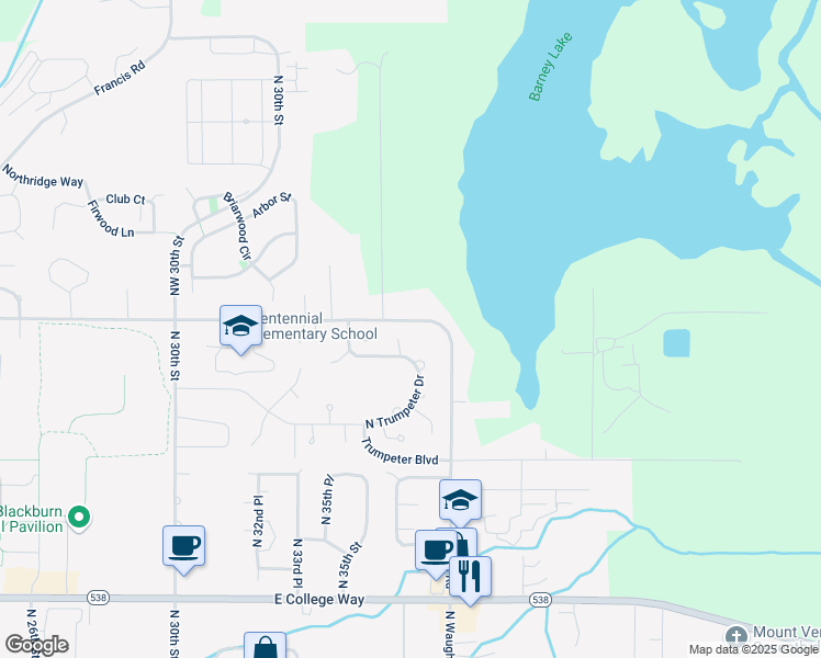 map of restaurants, bars, coffee shops, grocery stores, and more near 2305 North Trumpeter Drive in Mount Vernon