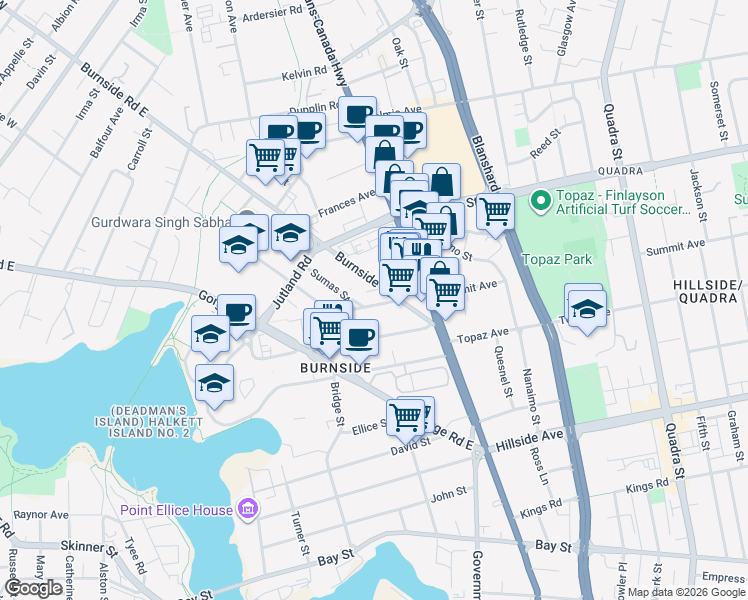 map of restaurants, bars, coffee shops, grocery stores, and more near in Victoria