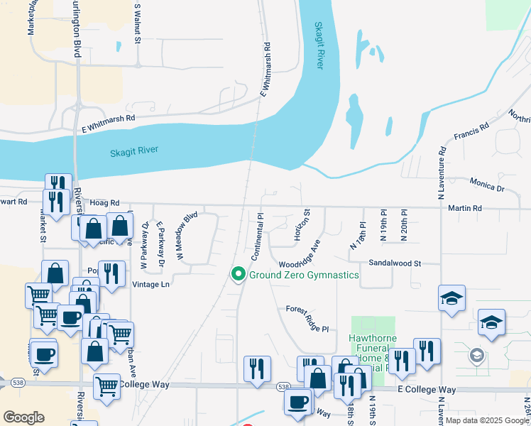 map of restaurants, bars, coffee shops, grocery stores, and more near 1502 Sunset Place in Mount Vernon