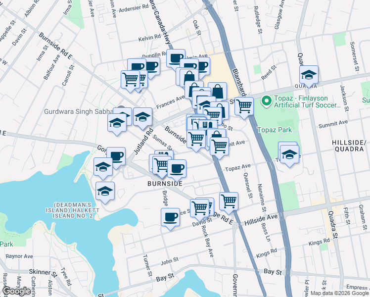 map of restaurants, bars, coffee shops, grocery stores, and more near in Victoria