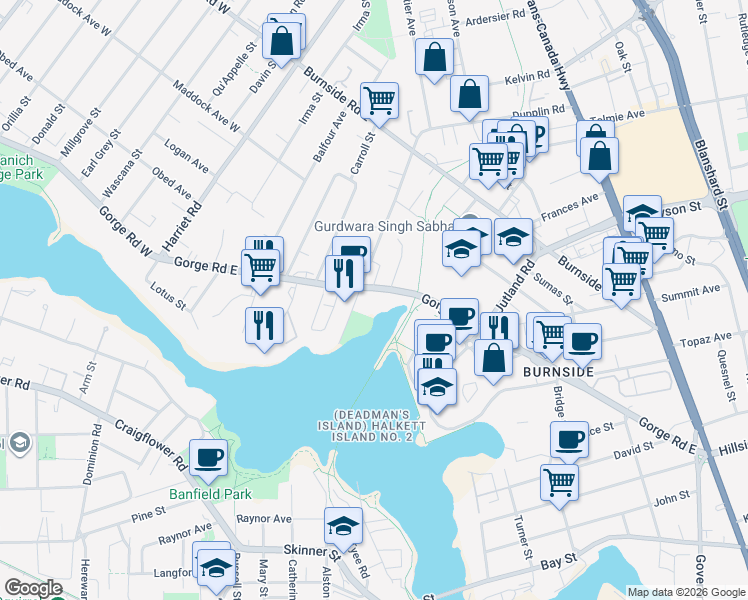 map of restaurants, bars, coffee shops, grocery stores, and more near 243 Gorge Road East in Victoria