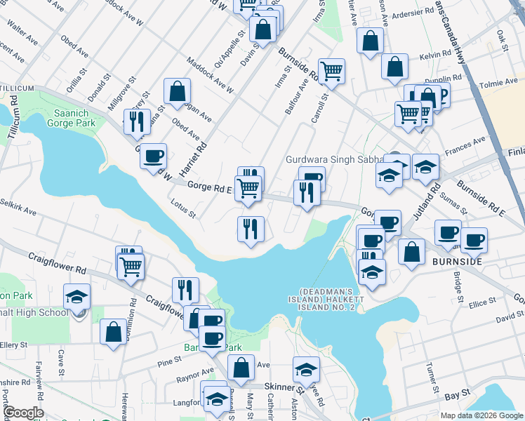 map of restaurants, bars, coffee shops, grocery stores, and more near in Victoria