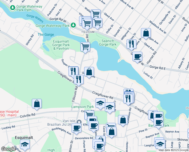 map of restaurants, bars, coffee shops, grocery stores, and more near 934 Selkirk Avenue in Victoria