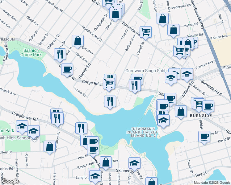 map of restaurants, bars, coffee shops, grocery stores, and more near 133 Gorge Road East in Victoria