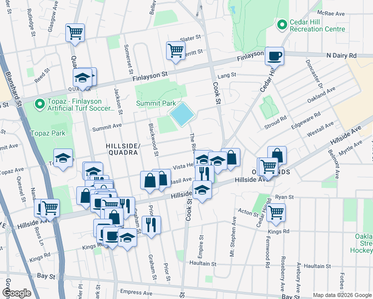 map of restaurants, bars, coffee shops, grocery stores, and more near 1258 Montrose Avenue in Victoria