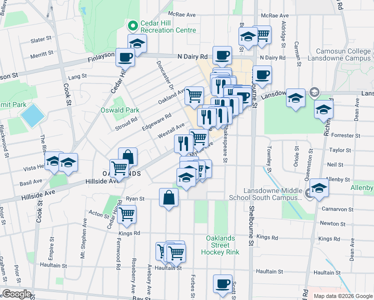 map of restaurants, bars, coffee shops, grocery stores, and more near 1508 Myrtle Avenue in Victoria