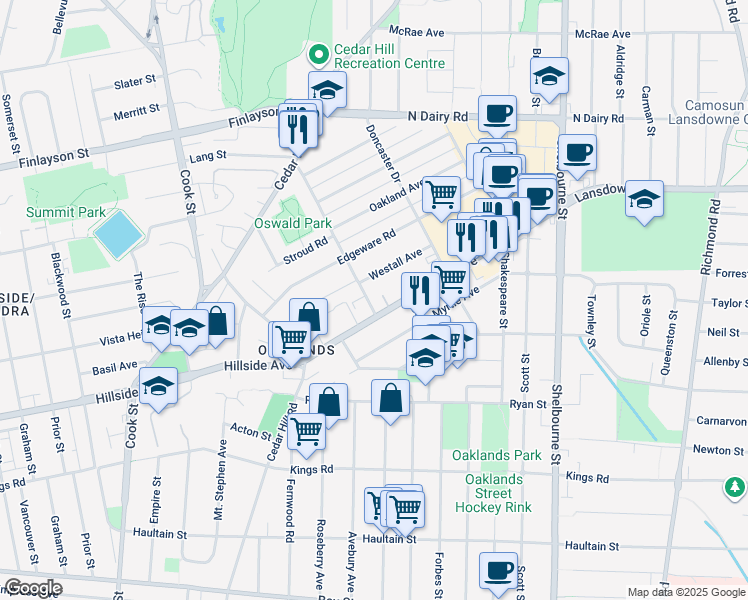 map of restaurants, bars, coffee shops, grocery stores, and more near 2701 Gosworth Road in Victoria
