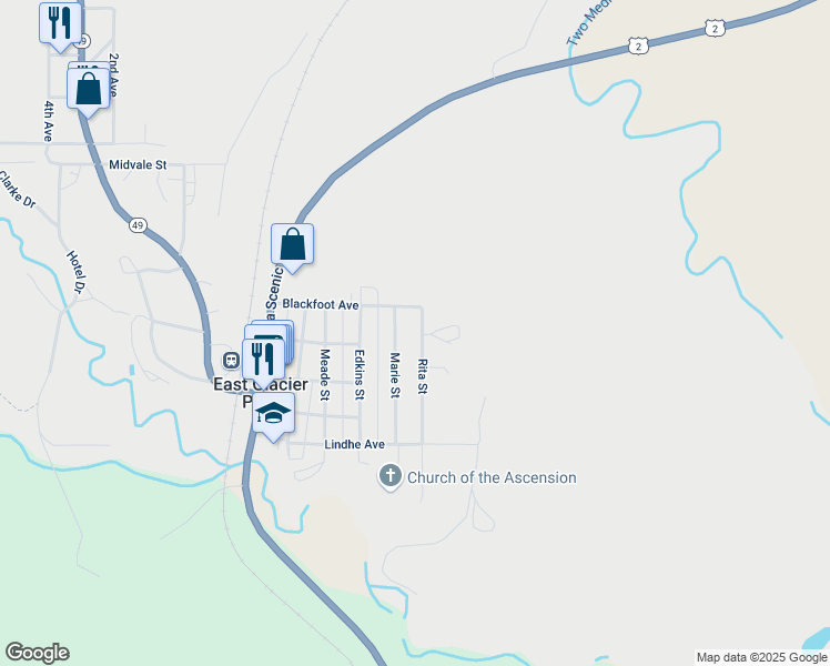 map of restaurants, bars, coffee shops, grocery stores, and more near 410 Marie Street in East Glacier Park Village