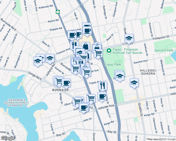 map of restaurants, bars, coffee shops, grocery stores, and more near 2950 Douglas Street in Victoria