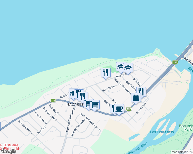 map of restaurants, bars, coffee shops, grocery stores, and more near 453 Rue Champlain in Rimouski