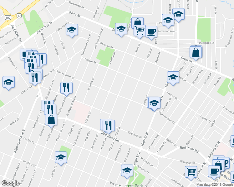 map of restaurants, bars, coffee shops, grocery stores, and more near 558 Van Norman Street in Thunder Bay