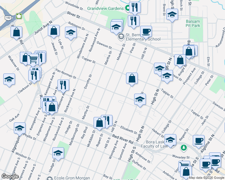 map of restaurants, bars, coffee shops, grocery stores, and more near 558 Van Norman Street in Thunder Bay