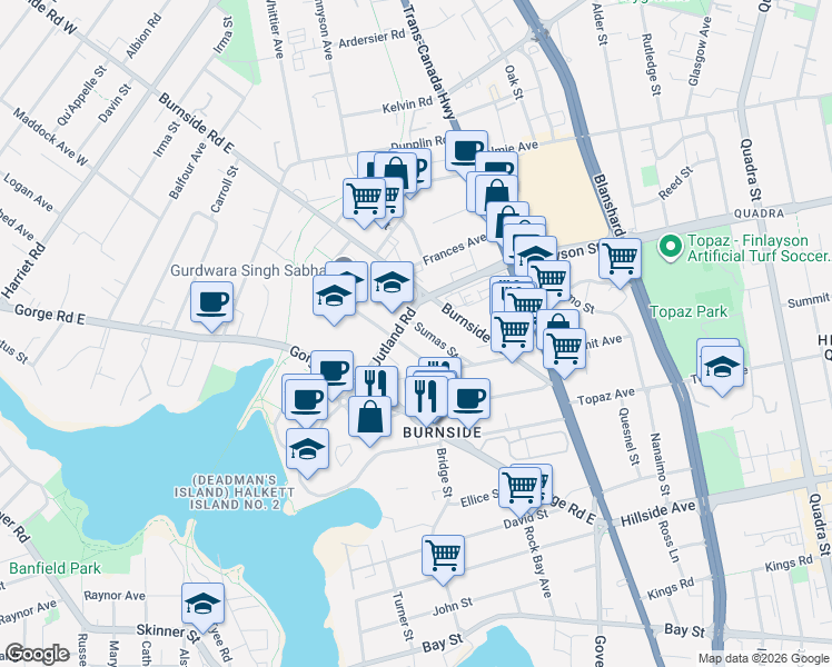map of restaurants, bars, coffee shops, grocery stores, and more near in Victoria