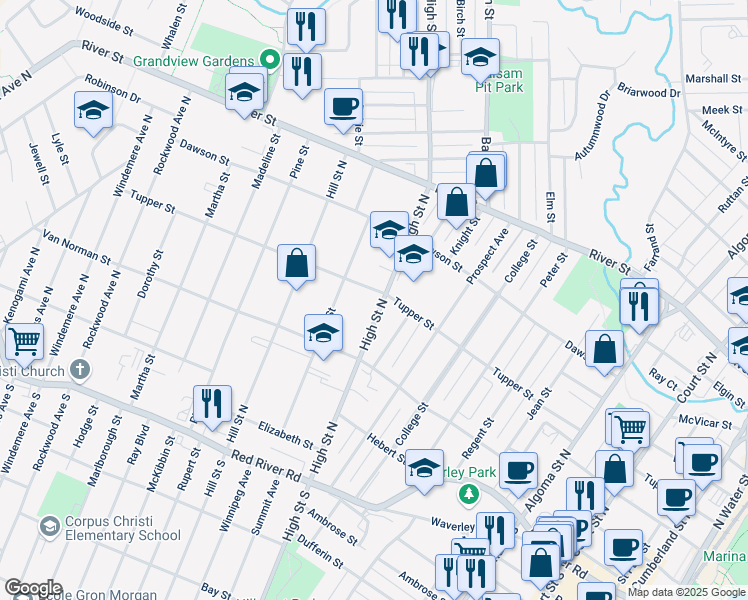 map of restaurants, bars, coffee shops, grocery stores, and more near 154 High Street North in Thunder Bay
