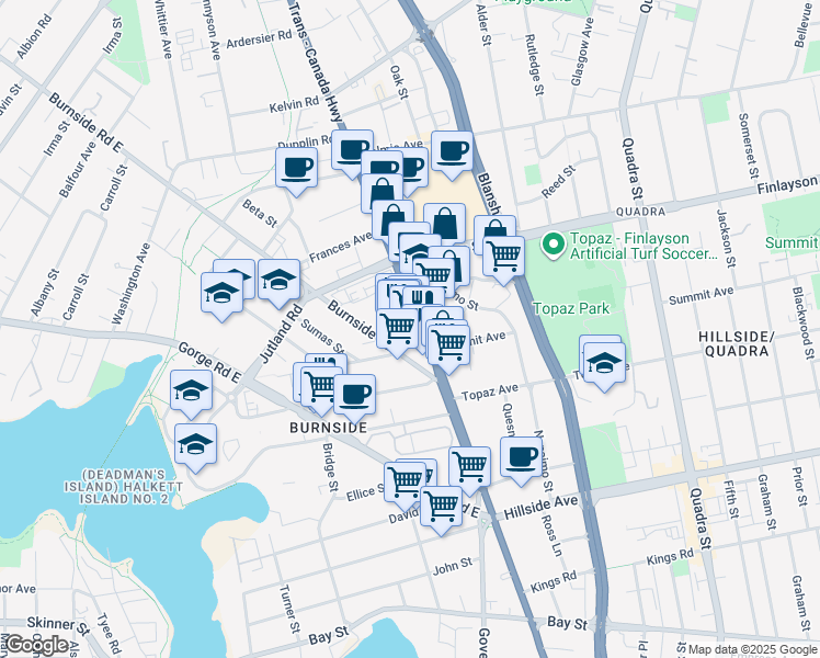 map of restaurants, bars, coffee shops, grocery stores, and more near 2950 Douglas Street in Victoria