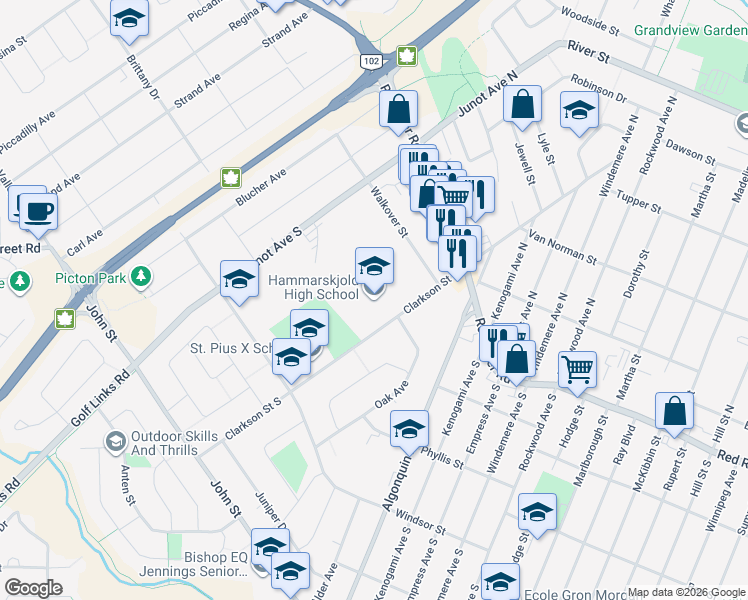 map of restaurants, bars, coffee shops, grocery stores, and more near 80 Clarkson Street South in Thunder Bay