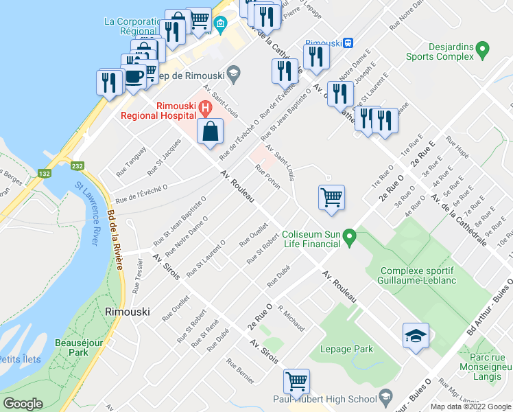 map of restaurants, bars, coffee shops, grocery stores, and more near 289 Avenue Rouleau in Rimouski
