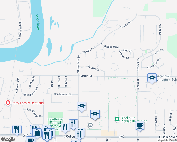 map of restaurants, bars, coffee shops, grocery stores, and more near 2302 Monica Drive in Mount Vernon