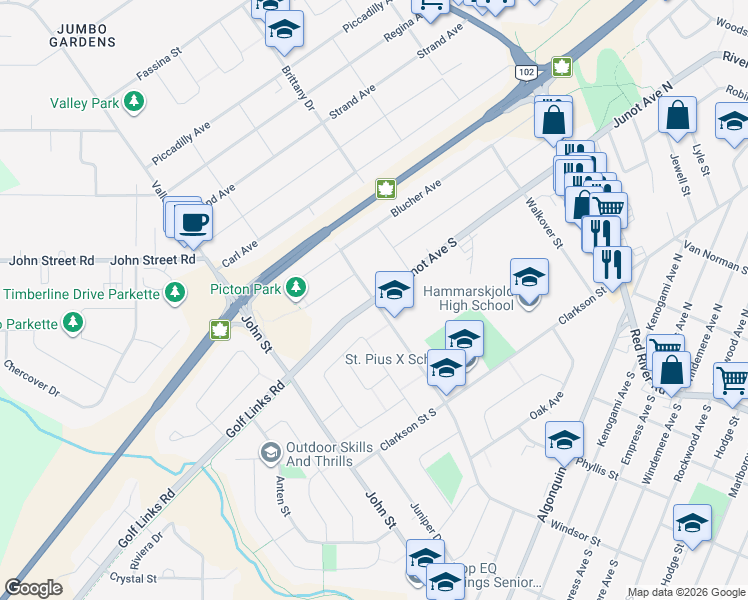 map of restaurants, bars, coffee shops, grocery stores, and more near Junot Avenue South in Thunder Bay