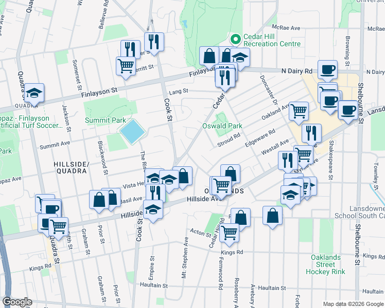 map of restaurants, bars, coffee shops, grocery stores, and more near 2848 Hipwood Lane in Victoria