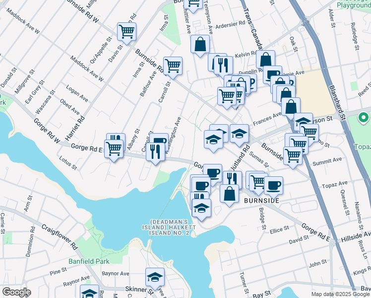 map of restaurants, bars, coffee shops, grocery stores, and more near 258 Gorge Road East in Victoria