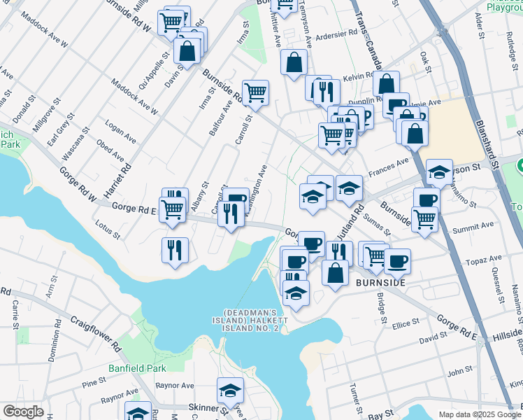 map of restaurants, bars, coffee shops, grocery stores, and more near 254 Gorge Road East in Victoria