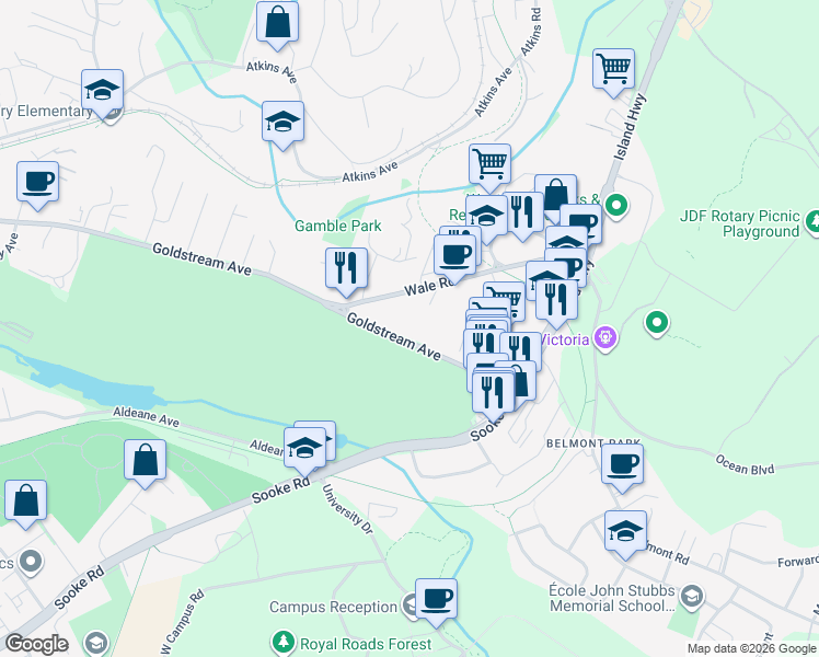 map of restaurants, bars, coffee shops, grocery stores, and more near 379 Wale Road in Victoria
