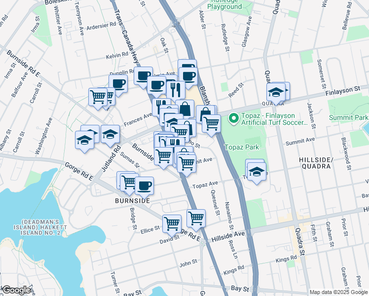 map of restaurants, bars, coffee shops, grocery stores, and more near 3090 Nanaimo Street in Victoria