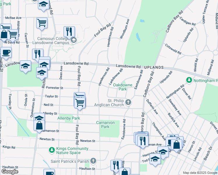 map of restaurants, bars, coffee shops, grocery stores, and more near 2300 Mid Downe Road in Victoria