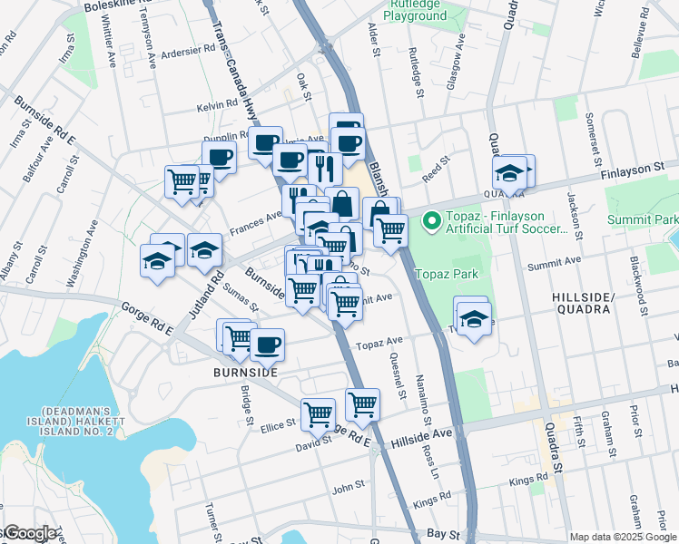 map of restaurants, bars, coffee shops, grocery stores, and more near 3090 Nanaimo Street in Victoria