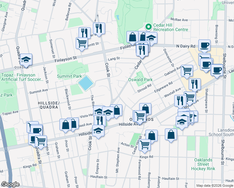 map of restaurants, bars, coffee shops, grocery stores, and more near 2848 Hipwood Lane in Victoria