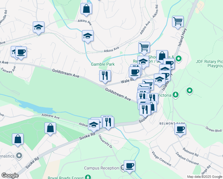 map of restaurants, bars, coffee shops, grocery stores, and more near 364 British Columbia 1A in Victoria