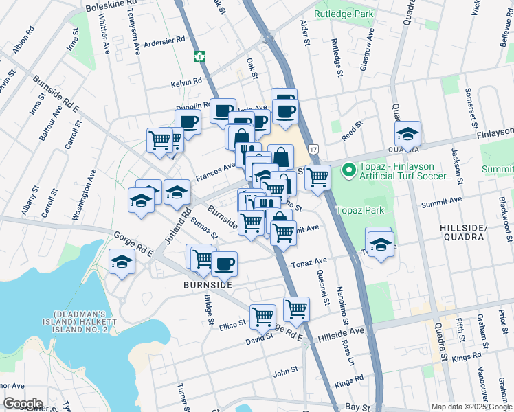 map of restaurants, bars, coffee shops, grocery stores, and more near 3020 Trans-Canada Highway in Victoria