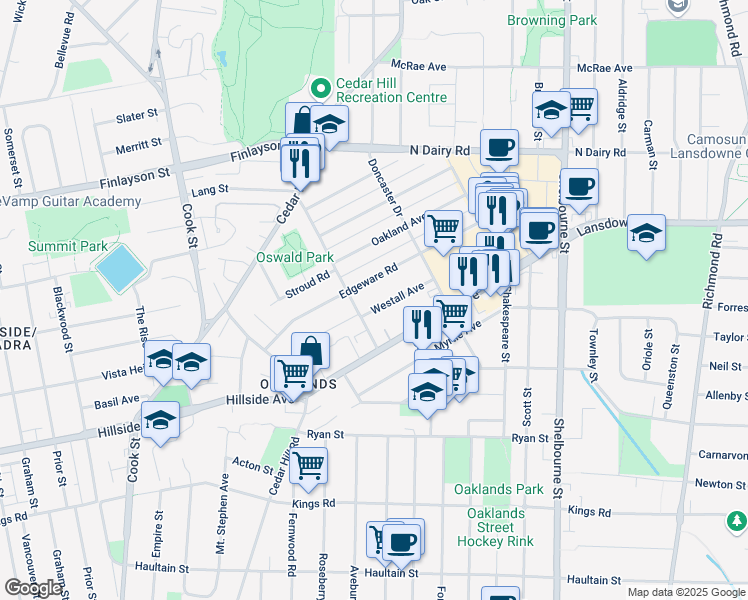 map of restaurants, bars, coffee shops, grocery stores, and more near 1516 Westall Avenue in Victoria