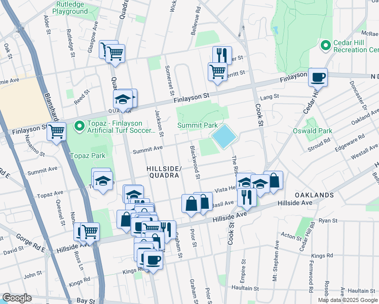 map of restaurants, bars, coffee shops, grocery stores, and more near 2928 Blackwood Street in Victoria