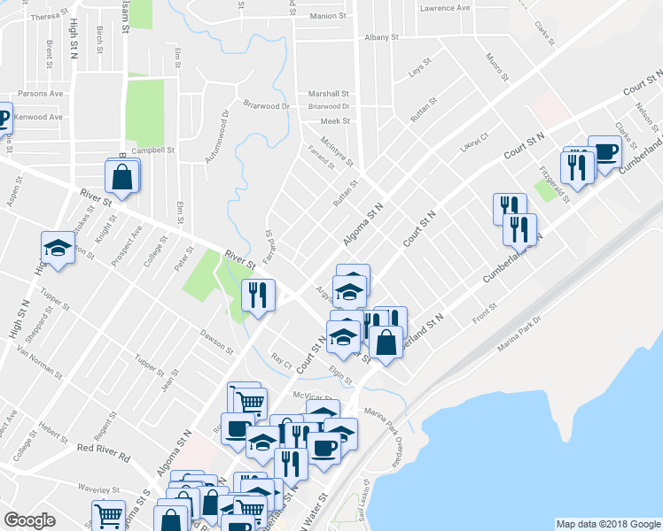 map of restaurants, bars, coffee shops, grocery stores, and more near 249 Algoma Street North in Thunder Bay