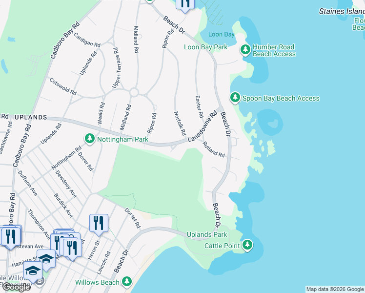 map of restaurants, bars, coffee shops, grocery stores, and more near in Oak Bay