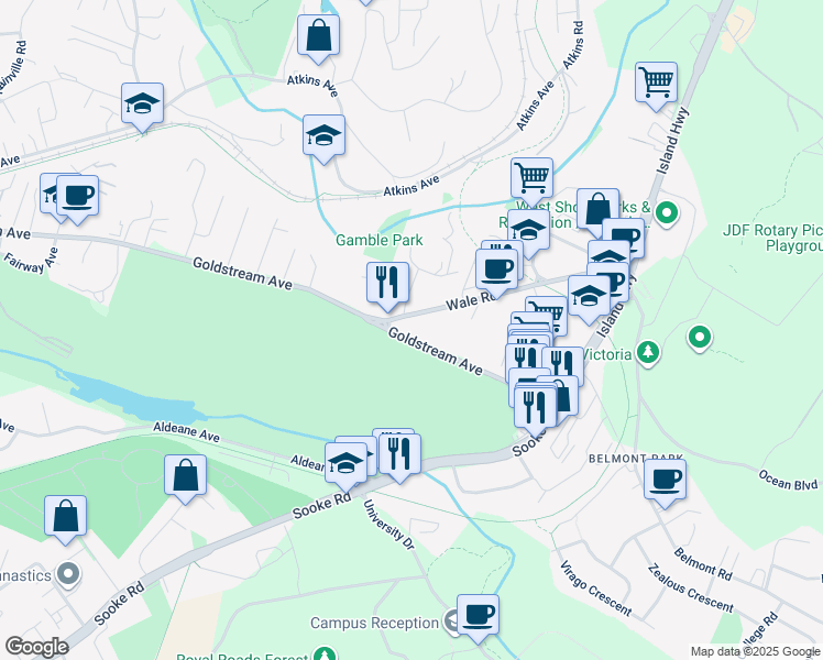 map of restaurants, bars, coffee shops, grocery stores, and more near 364 Goldstream Avenue in Victoria