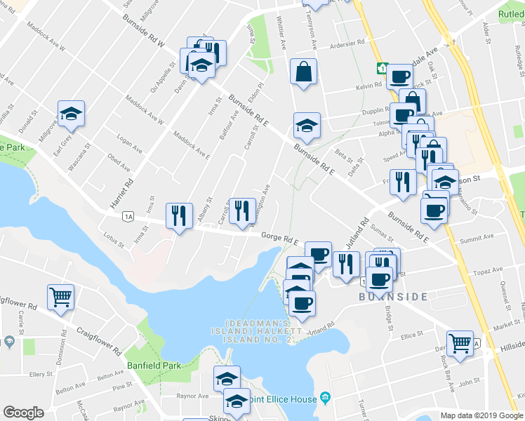map of restaurants, bars, coffee shops, grocery stores, and more near 3043 Washington Avenue in Victoria