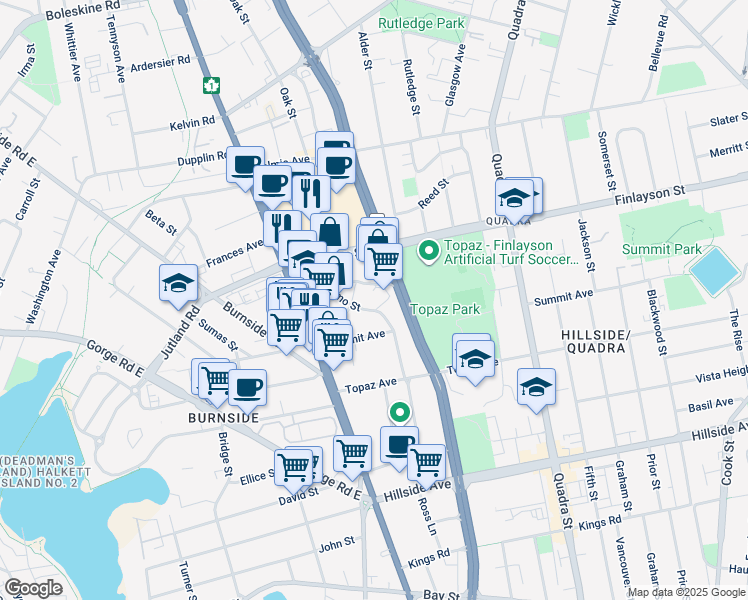 map of restaurants, bars, coffee shops, grocery stores, and more near 3020 Blanshard Street in Victoria