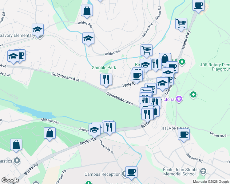map of restaurants, bars, coffee shops, grocery stores, and more near 360 Goldstream Avenue in Colwood