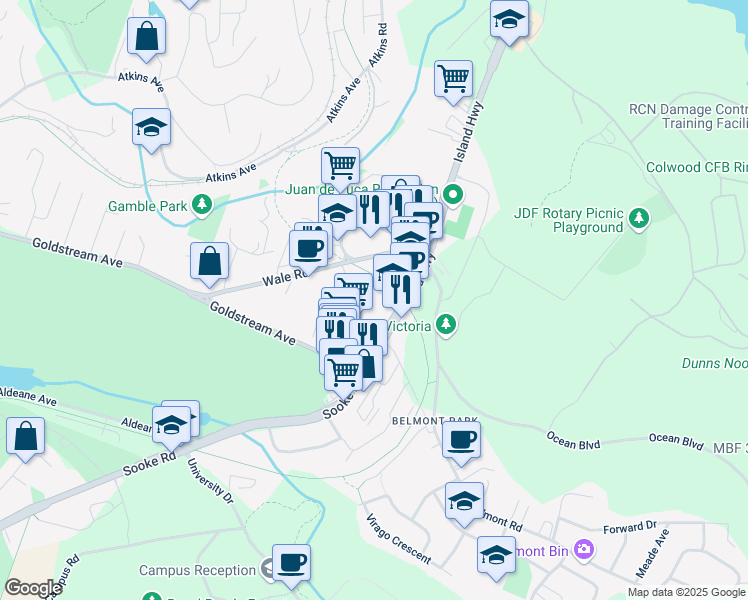 map of restaurants, bars, coffee shops, grocery stores, and more near in Victoria