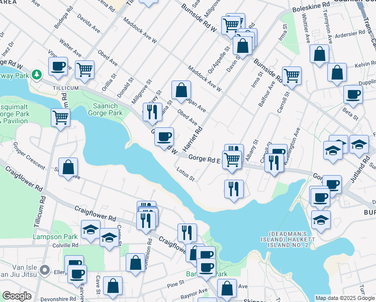 map of restaurants, bars, coffee shops, grocery stores, and more near 4 Gorge Road East in Victoria