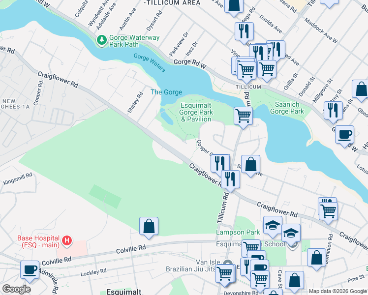 map of restaurants, bars, coffee shops, grocery stores, and more near 1100 Craigflower Road in Victoria