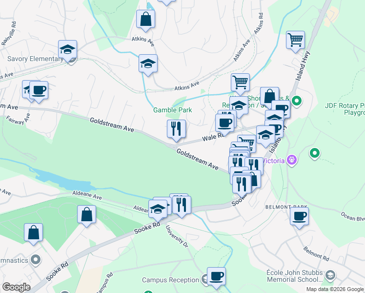 map of restaurants, bars, coffee shops, grocery stores, and more near 364 British Columbia 1A in Victoria