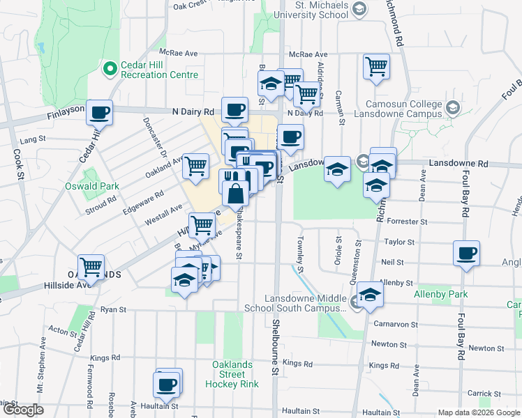 map of restaurants, bars, coffee shops, grocery stores, and more near 3009 Scott Street in Victoria